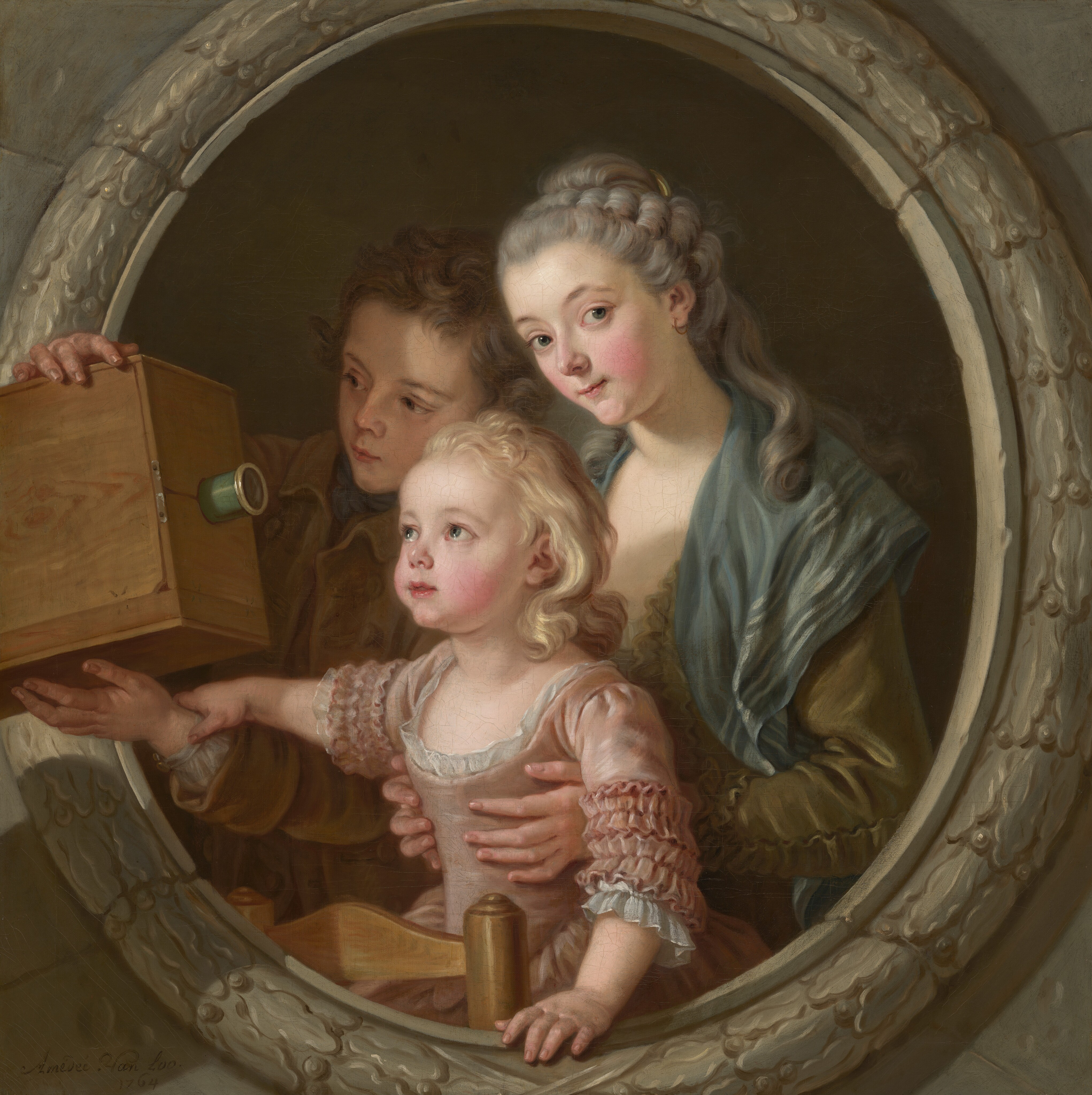 Charles Amédée Philippe Van Loo 1764 m. paveikslas, vaizduojantis žmones, stebinčius camera obscura sukuriamą atvaizdą