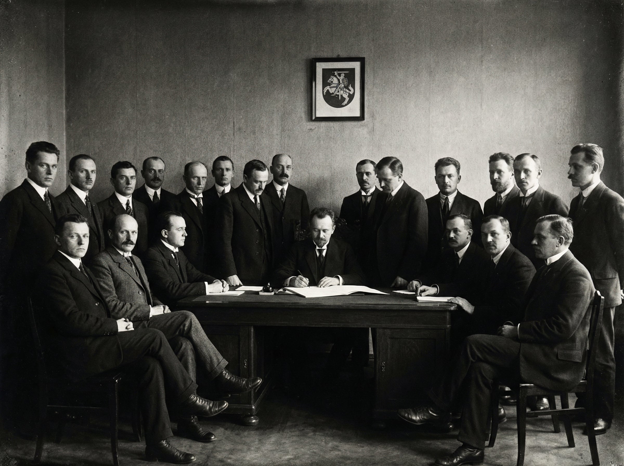 Istorinė rekonstrukcija: Lietuvos Tarybos nariai Vilniuje, priimantys lemtingą sprendimą dėl valstybės atkūrimo. DI sukurtas iliustracinis vaizdas.