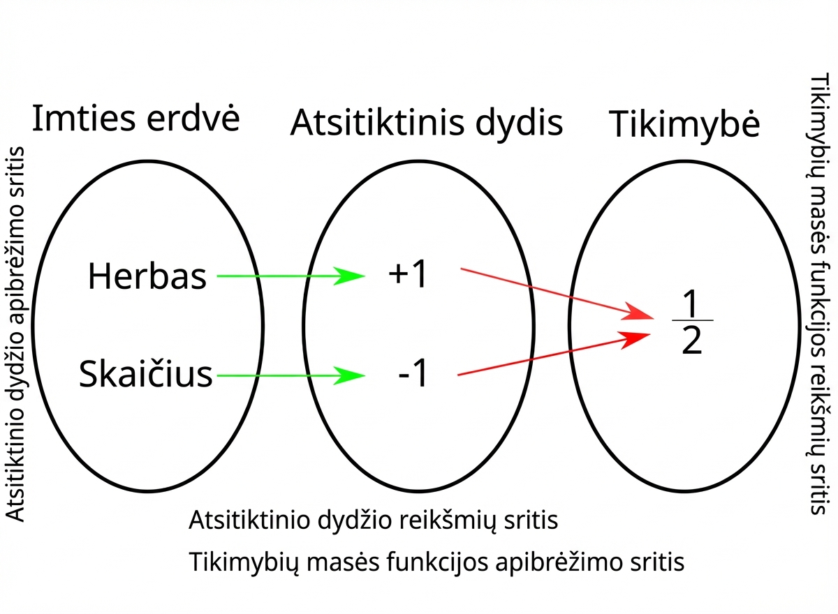 Šis vaizdas iliustruoja esminį perėjimą: iš abstrakčios baigčių aibės  (monetų metimai, kortos, orai) pereiname į realiųjų skaičių aibę , kurioje jau galime atlikti aritmetinius veiksmus.