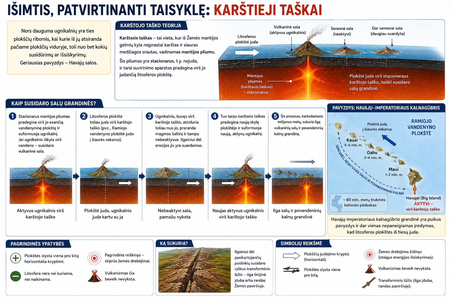 Infografike vienoje lentelėje palyginami trys pagrindiniai litosferos plokščių ribų tipai: divergentinės, konvergentinės ir transforminės. Kiekviena lentelės eilutė pažymėta skirtinga spalva ir suskirstyta į tas pačias skiltis: plokščių judėjimo kryptis, pagrindinis procesas, susidarantys dariniai, būdingi reiškiniai ir realūs pavyzdžiai.
Pirmoje, žalioje, eilutėje vaizduojamos divergentinės ribos. Plokštės tolsta viena nuo kitos, iš mantijos kyla magma ir formuojasi nauja vandenyninė pluta. Pateikti vidurio vandenynų kalnagūbrio ir rifto slėnio pavyzdžiai. Šioms riboms būdingi negilūs žemės drebėjimai ir povandeninis vulkanizmas.
Antroje, raudonoje, eilutėje parodytos konvergentinės ribos. Plokštės artėja ir susiduria. Vandenyninė plokštė gali panirti po kita plokšte, o susidūrus dviem žemyninėms plokštėms formuojasi aukšti kalnai. Lentelėje pavaizduotos giliavandenės įdubos, vulkaninių kalnų grandinės, vulkaninių salų lankai ir raukšliniai kalnai. Kaip pavyzdžiai pateikti Andų kalnai, Japonijos salos ir Himalajai. Šioms riboms būdingi stiprūs žemės drebėjimai ir sprogstamasis vulkanizmas.
Trečioje, mėlynoje, eilutėje pateiktos transforminės ribos. Plokštės slysta viena pro kitą horizontalia kryptimi, todėl litosfera nėra nei kuriama, nei naikinama. Susidaro ilgi transforminiai lūžiai, dažni stiprūs, bet negilūs žemės drebėjimai, o vulkanizmas pasitaiko retai. Kaip pavyzdžiai nurodyti San Andreaso lūžis Jungtinėse Amerikos Valstijose ir Šiaurės Anatolijos lūžis Turkijoje.
Paveikslėlio apačioje pateikta simbolių legenda, paaiškinanti plokščių judėjimo kryptis, magmos kilimą, žemės drebėjimų židinius, vulkanizmą ir skirtingų tipų plokščių ribas. Visa lentelė skirta greitai palyginti, kuo skiriasi kiekvienas plokščių ribų tipas, kokius geologinius procesus jie sukelia ir kokie garsiausi jų pavyzdžiai pasaulyje.