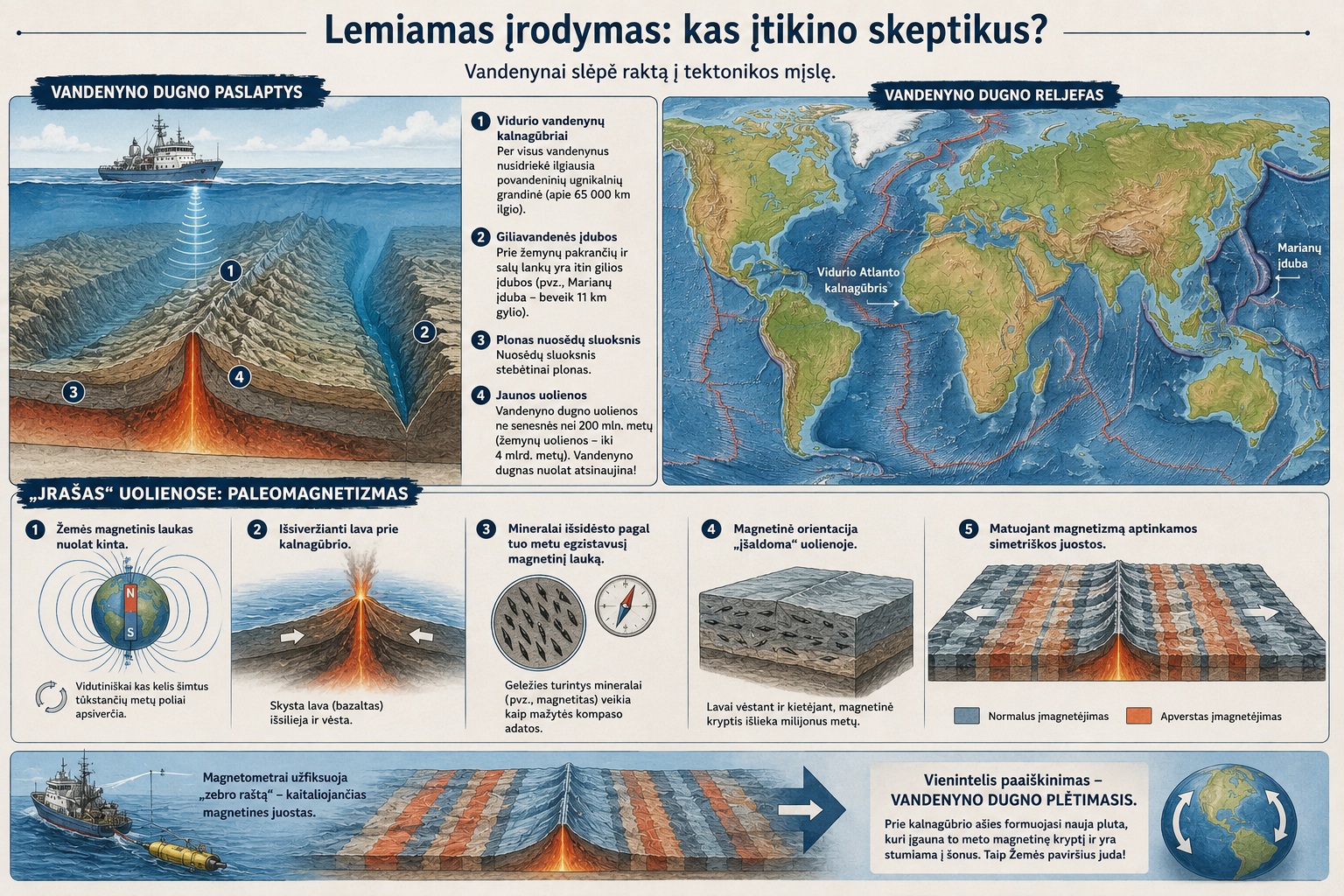 Infografike parodyta, kaip mokslininkai surado lemiamus plokščių tektonikos įrodymus vandenynų dugne. Viršutinėje dalyje vaizduojamas tyrimų laivas, kuris sonarais skenuoja vandenyno dugną. Atskleidžiamas kalnuotas povandeninis reljefas su ilgu vidurio vandenyno kalnagūbriu, iš kurio veržiasi magma, bei giliavandenėmis įdubomis. Greta pateikiamas palyginimas, rodantis, kad vandenyno dugno uolienos yra jaunos ir padengtos plonu nuosėdų sluoksniu, o žemynų uolienos – gerokai senesnės.
Apatinėje paveikslėlio dalyje paaiškinamas paleomagnetizmo principas. Pavaizduota, kaip Žemės magnetinis laukas laikui bėgant keičia kryptį, o išsiveržusi lava vėsdama „užrakina“ tuo metu buvusią magnetinio lauko orientaciją uolienose. Didžiausioje schemoje matyti vidurio vandenyno kalnagūbris, nuo kurio į abi puses simetriškai driekiasi skirtingų spalvų magnetinės juostos, primenančios zebro raštą. Šalia parodyti magnetometro matavimai, patvirtinantys šį dėsningumą. Paveikslėlio pabaigoje pabrėžiama pagrindinė išvada: vandenyno dugnas nuolat formuojasi ties kalnagūbriais, plečiasi į šonus ir kartu judina Žemės litosferos plokštes.