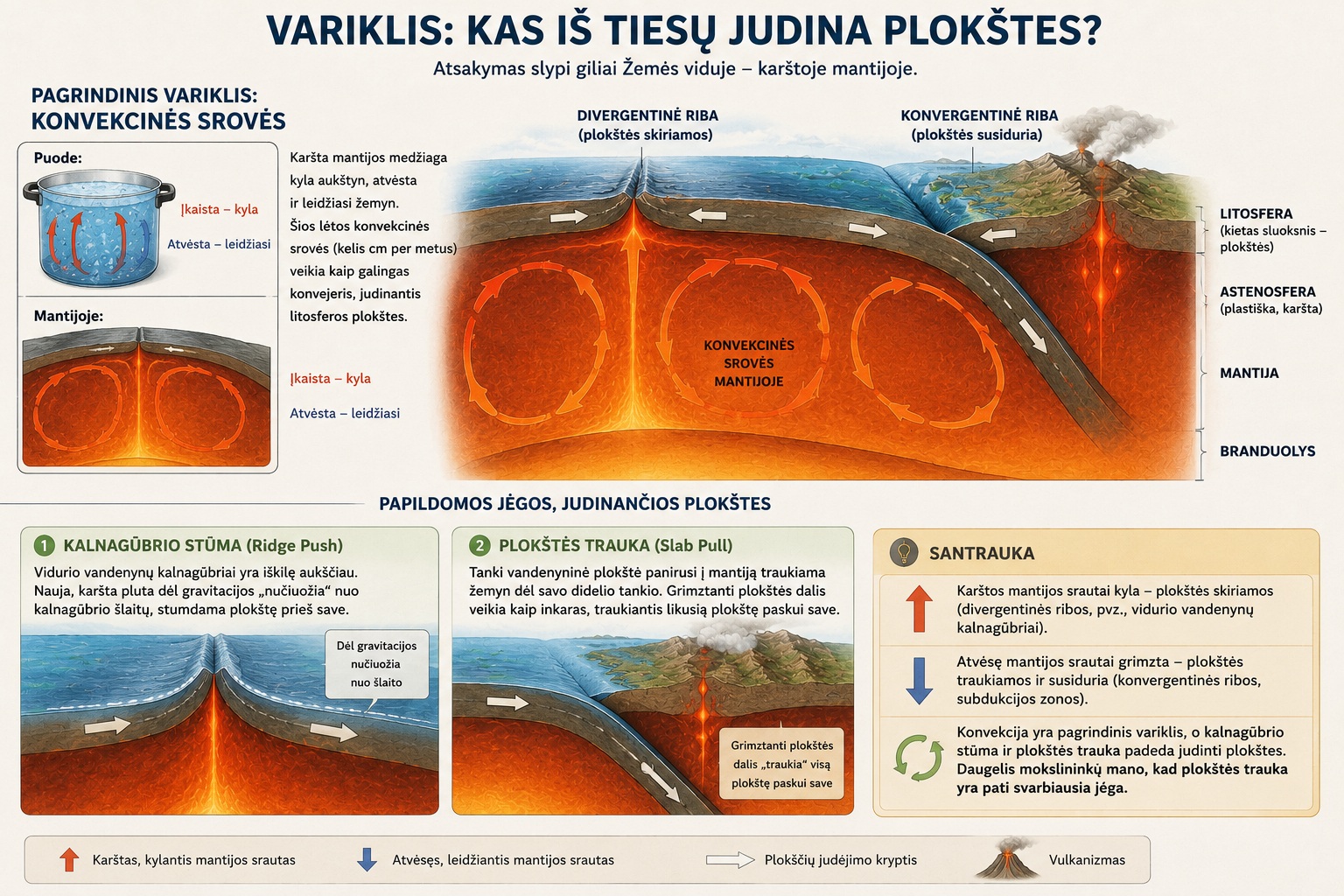 Infografike aiškinama, kokios jėgos judina Žemės litosferos plokštes. Kairėje pusėje pateikta analogija su verdančiu puodu: įkaitęs vanduo kyla į viršų, o atvėsęs leidžiasi žemyn. Po juo parodytas toks pats procesas Žemės mantijoje – karšta mantijos medžiaga kyla, atvėsusi grimzta ir sudaro lėtai judančias konvekcines sroves.
Centre pavaizduotas Žemės pjūvis. Po kietomis litosferos plokštėmis matoma karšta mantija, kurioje ratu juda konvekcinės srovės. Vienoje vietoje kylanti mantija skiria plokštes ir formuoja vidurio vandenyno kalnagūbrį, o kitoje tankesnė vandenyninė plokštė panyra po kita plokšte į mantiją. Virš subdukcijos zonos pavaizduotas ugnikalnis.
Apatinėje paveikslėlio dalyje parodytos dvi papildomos plokščių judėjimo jėgos. Pirmoji – kalnagūbrio stūma, kai naujai susidariusi pluta dėl gravitacijos slenka nuo iškilusio kalnagūbrio. Antroji – plokštės trauka, kai į mantiją grimztanti vandenyninė plokštė savo svoriu traukia likusią plokštės dalį paskui save. Paveikslėlio pabaigoje apibendrinama, kad pagrindinis plokščių judėjimo variklis yra mantijos konvekcinės srovės, o plokštės trauka laikoma viena svarbiausių šį judėjimą stiprinančių jėgų.